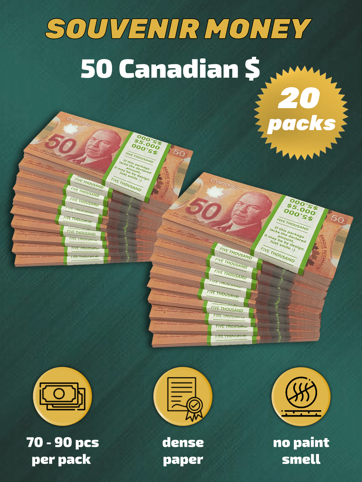 50 Canadian Dollars prop money stack two-sided twenty packs